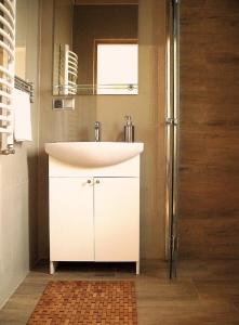 扎托尔Apartamenty-Obok的浴室配有白色水槽和淋浴。