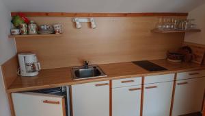 圣瓦伦蒂诺阿拉穆塔Pension Tirol的小厨房配有白色橱柜和水槽
