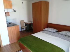 塞扎纳Prenočišča Iris的一间卧室配有一张床、一间厨房和一张桌子