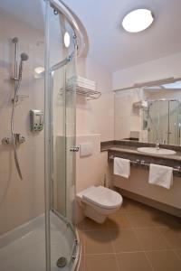萨格勒布克罗地亚酒店的带淋浴、卫生间和盥洗盆的浴室