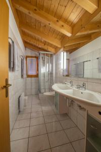 贝特默阿尔卑全景餐厅酒店 的一间带两个盥洗盆和淋浴的浴室