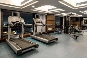 赖布尔赖布尔凯悦酒店的享有城市美景,设有带有氧运动器材的健身房