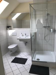 菲尔森拉塞霍夫酒店的带淋浴、盥洗盆和卫生间的浴室