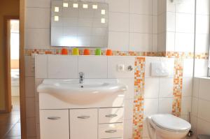 马林费尔德Ferienhaus Müritzsonne / OG-Appartement的一间带水槽和卫生间的浴室