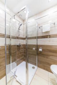 奥博尔尼基Hotel Doris的一间带卫生间的浴室内的玻璃淋浴间