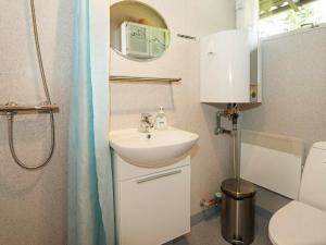 锡尔克堡5 person holiday home in Silkeborg的一间带水槽、卫生间和镜子的浴室