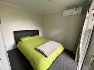 基督城Comfortable Home Close to Airport的一间位于客房内的带绿床的卧室