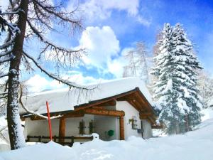 达沃斯Ferienwohnung Sunneschii的小木屋,屋顶上积雪