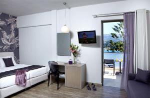 阿尔戈斯托利翁Mouikis Hotel Kefalonia的一间卧室配有一张床和一张书桌及电视