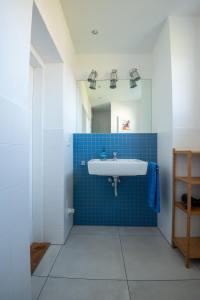 格拉尔-米里茨Ferienwohnung HIMBEERE mit großem Garten的浴室配有水槽和蓝色瓷砖墙。