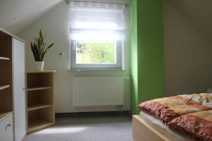 GasernHaus Elbblick的一间卧室设有绿色的墙壁和一张带窗户的床