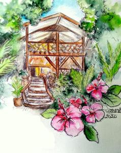 TeavaroHaere Mai I Te Fare的粉红色花卉花园的画