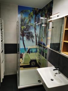 Haag in OberbayernPension unterm Schlossturm的浴室设有水槽和带梳妆台的镜子。