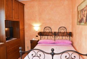 科利科康卡阿祖拉阿尔伯格餐厅酒店的一间卧室配有一张带粉色枕头的床和电视。