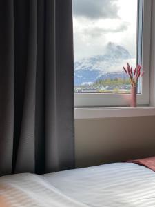 翁达尔斯内斯Frichs Ekspress Åndalsnes的卧室窗户享有雪覆盖的山脉美景