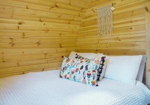 布伦海姆Marlborough Wine Barrel Cabins的一间卧室设有木墙和一张带枕头的床。