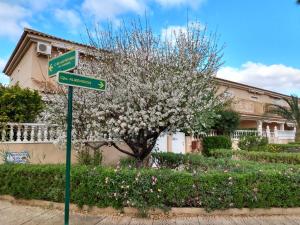 Los UrrutiasEstrella de Mar的花树前的街道标志