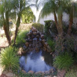 休斯顿美国最佳价值白金套房酒店的花园设有池塘、树木和瀑布