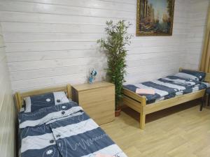 切尔诺莫斯克Дом Дискавери на 10 человек у моря!的一间设有两张床的房间和植物