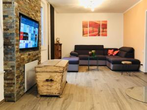 沃尔特湖畔韦尔登Haus Graf Velden的带沙发和电视的客厅