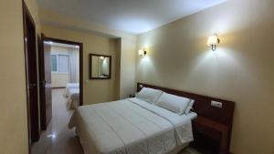 桑亨霍Sun Galicia Hotel y Apartamentos的卧室配有一张床,墙上设有镜子
