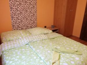 德丁基CHATA NATAŠA的一间卧室配有一张带绿色和白色棉被的床