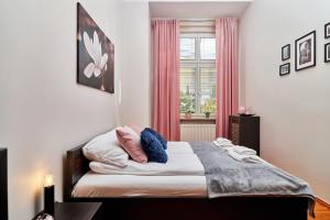 弗罗茨瓦夫Apartament Nowa 12的卧室配有带枕头的床铺和窗户。