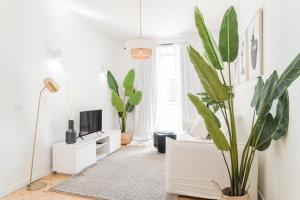 里斯本Casa Boma Lisboa - Sunny and Elegant Apartment - Lapa V的白色的客厅,里面装有盆栽植物