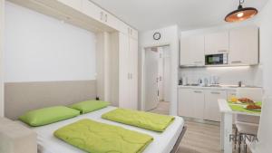 洛夫兰Rona Studio Apartment Tena的一间卧室配有一张带绿色枕头的床。