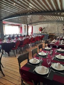 奥纲赖泽全景酒店的一间带桌椅和红色桌球的用餐室