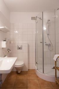 Franking希维特旅馆的带淋浴、卫生间和盥洗盆的浴室