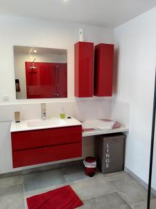Chaux-des-CrotenayPont de la Chaux的一间带红色水槽和镜子的浴室