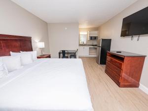 莱克兰Stayable Lakeland的酒店客房设有一张大床和一个厨房。