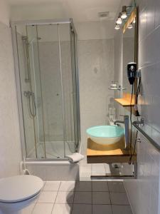 瓦尔内明德贝尔维尤瓦尔内明德酒店的带淋浴、盥洗盆和卫生间的浴室