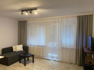 比得哥什123 Aurora Bydgoszcz的带沙发的客厅和部分窗户。