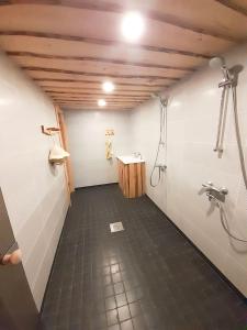 SämiSämi Siil的带淋浴的浴室和瓷砖地板。