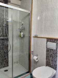Cercy-la-TourChez Casimir的一间带卫生间和玻璃淋浴间的浴室