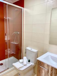 诺哈Apartamento El Socaire Playa Trengandín的浴室配有卫生间、淋浴和盥洗盆。
