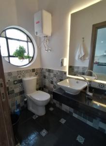 开罗Madina Hostel的一间带卫生间、水槽和镜子的浴室