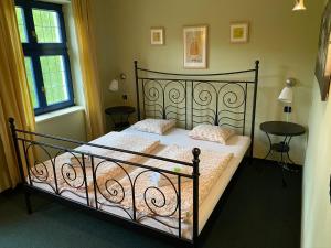 玛丽亚温泉Apartments Merlin的一间卧室配有一张带两个枕头的黑色床。
