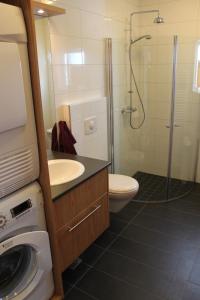 阿克雷里阿库雷里度假公寓的带淋浴、卫生间和盥洗盆的浴室