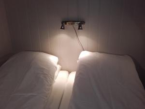 Bø AndøyaMarmelkroken AS的一间设有两张床的客房,墙上有一盏灯