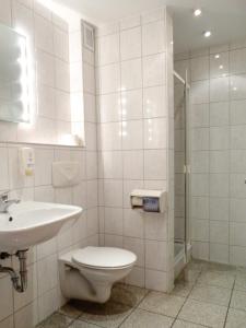 奥格斯堡Jakoberhof的浴室配有卫生间、盥洗盆和淋浴。