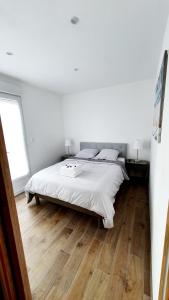 弗勒里莱欧布赖"LE PAVILLON" Maisonnette 150 m gare des Aubrais的一间铺有木地板的白色卧室,配有一张床