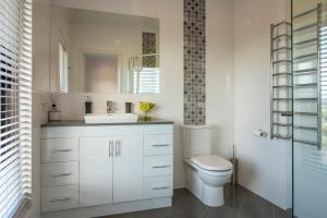 McLaren FlatWayWood Wines Your Vineyard Getaway的一间带卫生间、水槽和镜子的浴室