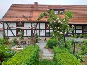 巴特贝尔卡Pension Töpferhof的玫瑰屋前的花园