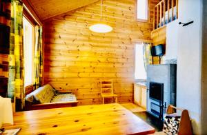 塔库沃里Holiday Home Marina的客房设有木墙、沙发和壁炉。