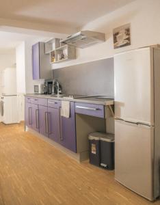 杜塞尔多夫Altstadt Apartment Alisa的厨房配有紫色橱柜和冰箱