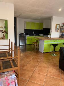 帕皮提F2 Tapu的厨房配有绿色橱柜和桌椅