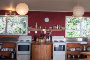 普纳凯基普纳凯基海滩旅舍的带白色家电的厨房和2个窗户
